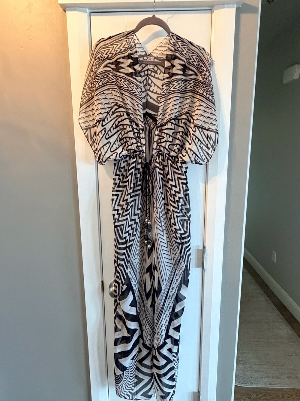 Black and White Patterned Maxi Dress with Tie Waist